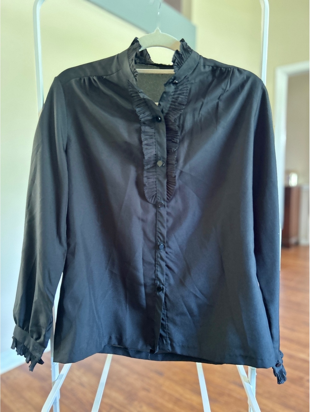 Black Ruffle Trim Button-Up Blouse